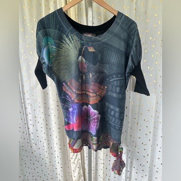 Desigual Loves Knitwear Art Deco Floral Exotic Bird Side Tie Unique Sweater XL - Picture 2 of 8